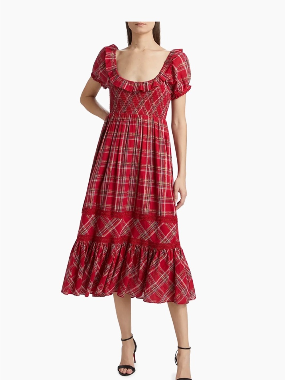 LoveShackFancy Women’s London Tartan Gerania Red Plaid Square-Neck Midi Dress